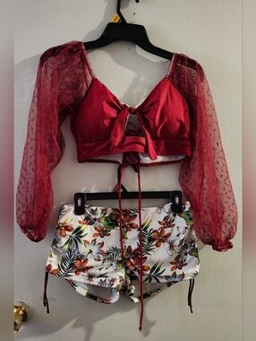 SHEIN Red Tie-Front Sheer Sleeve Swim Crop Top with Floral Swim Shorts